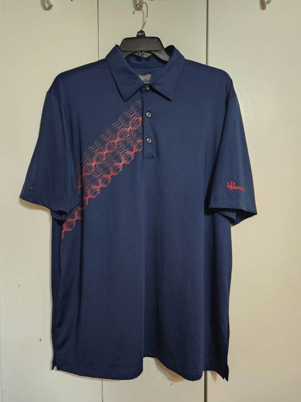 Greg Norman Play Dry Mens XXL Polo Shirt Navy Blue Red Prestwick Golf Shark Logo
